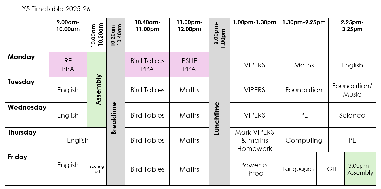 Y5 timetable 2025 26